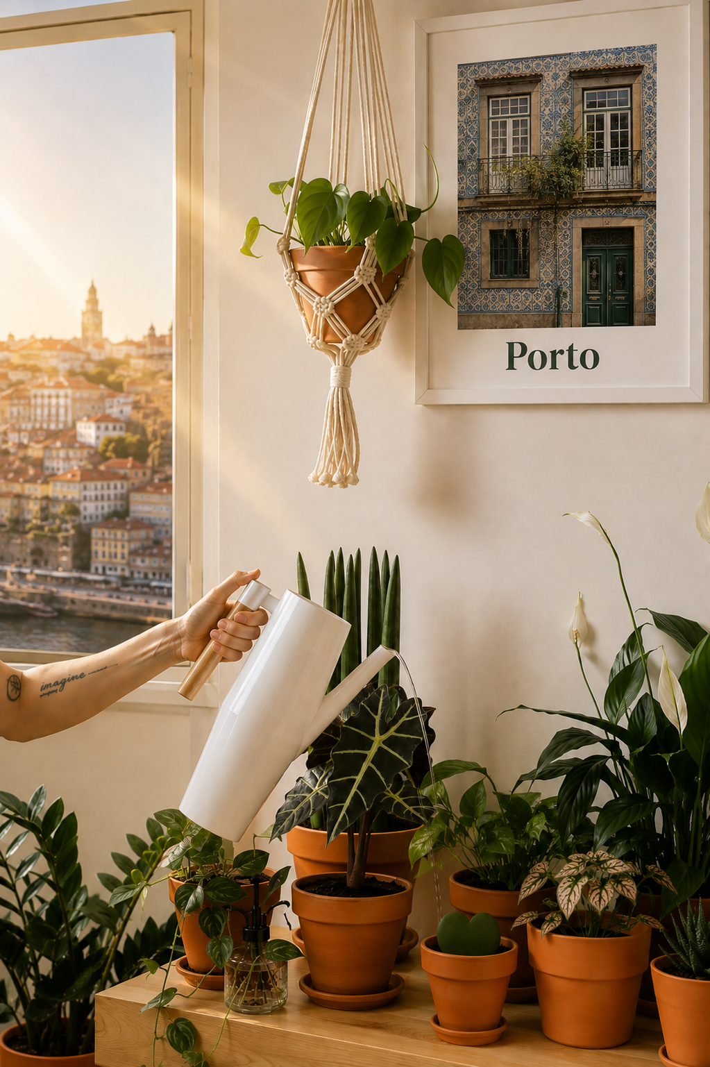 Hand watering plants in a sunlit Porto apartment with open windows overlooking the city and the Douro River